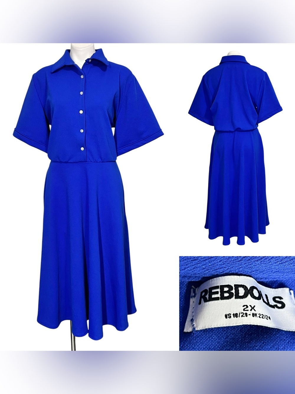 Rebdolls dress plus sz 2x/18-20 Royal Blue Button-Front A-Line short sleeve